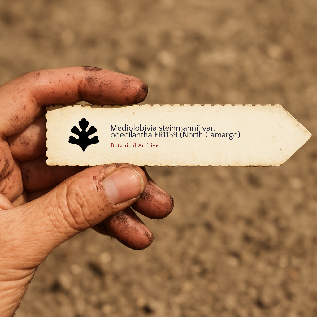 Printed plant label for Mediolobivia steinmannii var. poecilantha held by dirty hand outdoors
