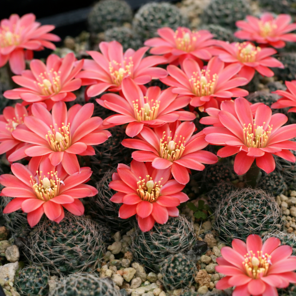 Mediolobivia haagei cactus with vibrant coral-pink flowers and spiny green stems