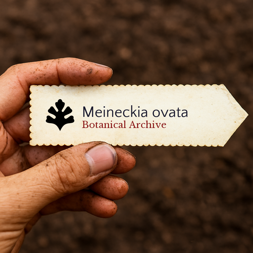 Printed plant label for Meineckia ovata held by dirty hand over soil background