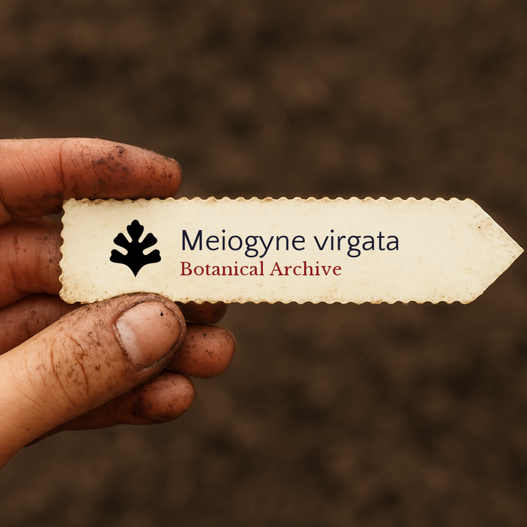 Printed plant label for Meiogyne virgata held by dirty hand over soil background