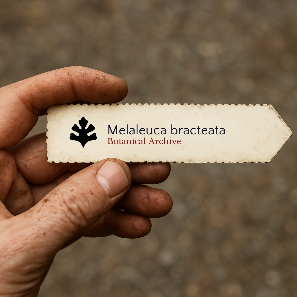 Printed plant label for Melaleuca bracteata held by hand with dirt background
