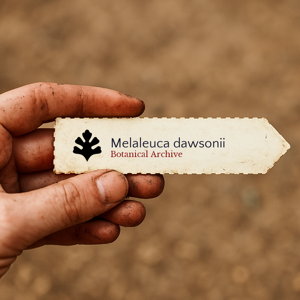 Printed plant label for Melaleuca dawsonii held by a dirty hand outdoors