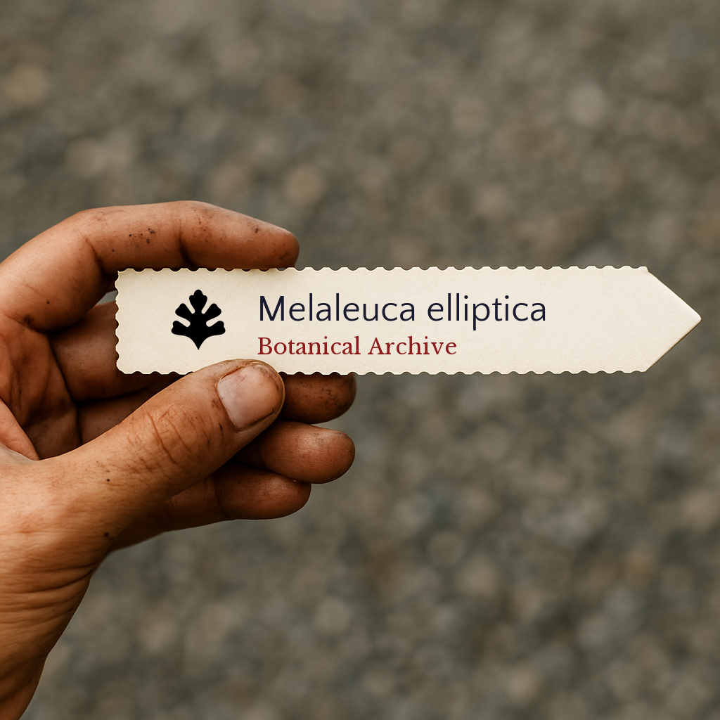 Printed plant label for Melaleuca elliptica held by hand with dirt background