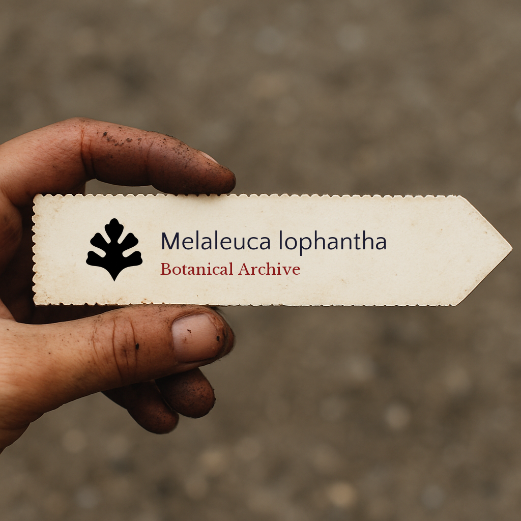 Etichetta stampata per pianta di Melaleuca lophantha con logo Botanical Archive tenuta da mano sporca