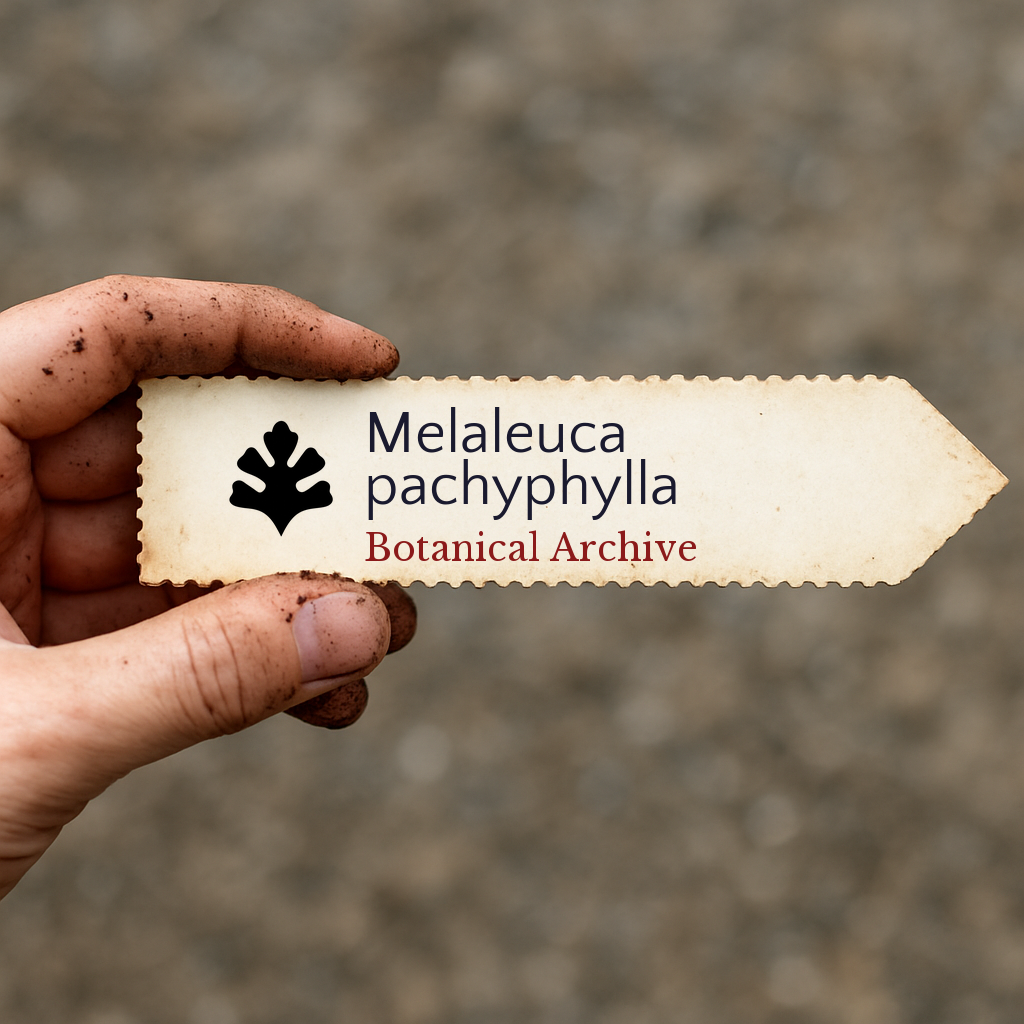 Printed plant label for Melaleuca pachyphylla held by dirty hand outdoors
