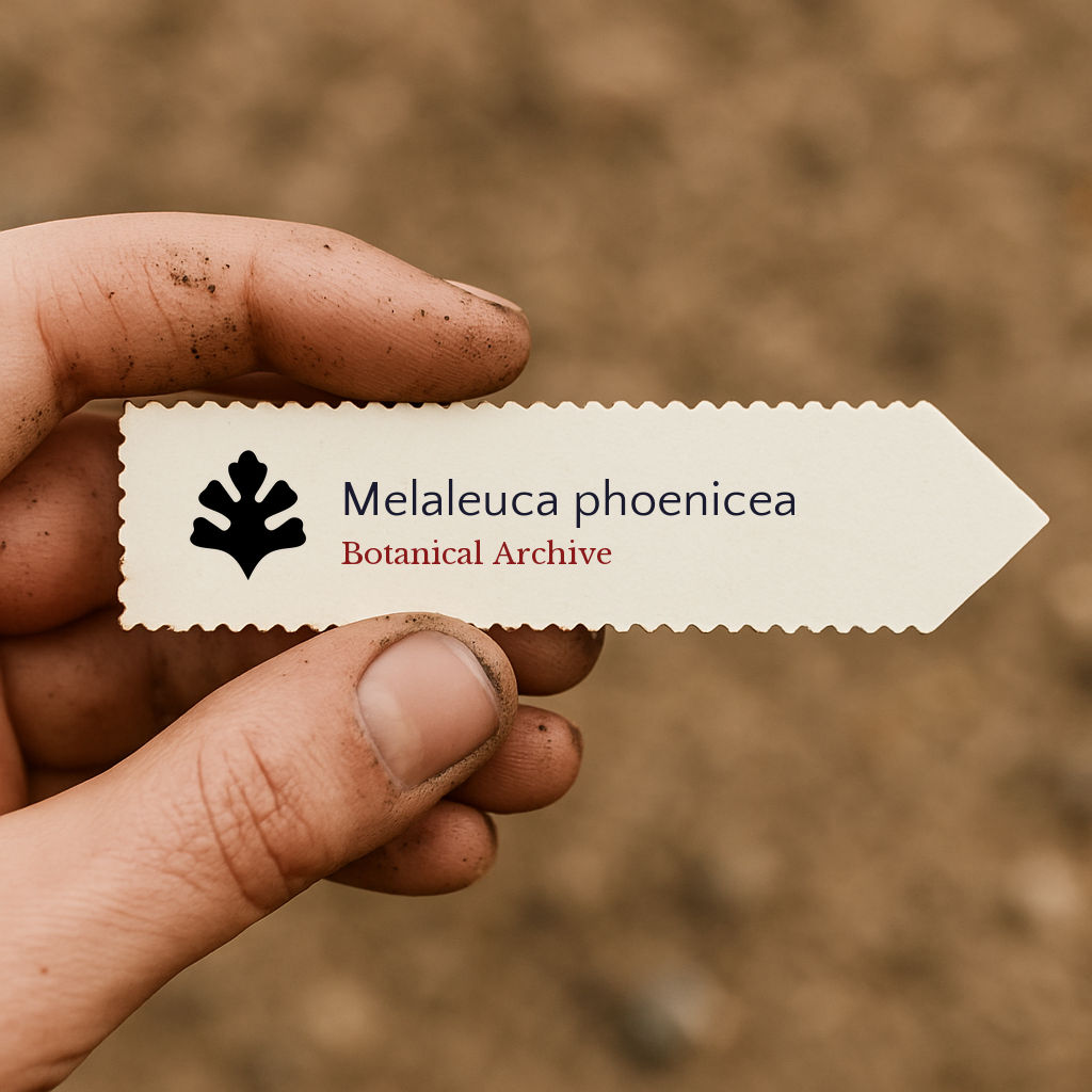 Printed plant label for Melaleuca phoenicea held by dirty hand with soil background