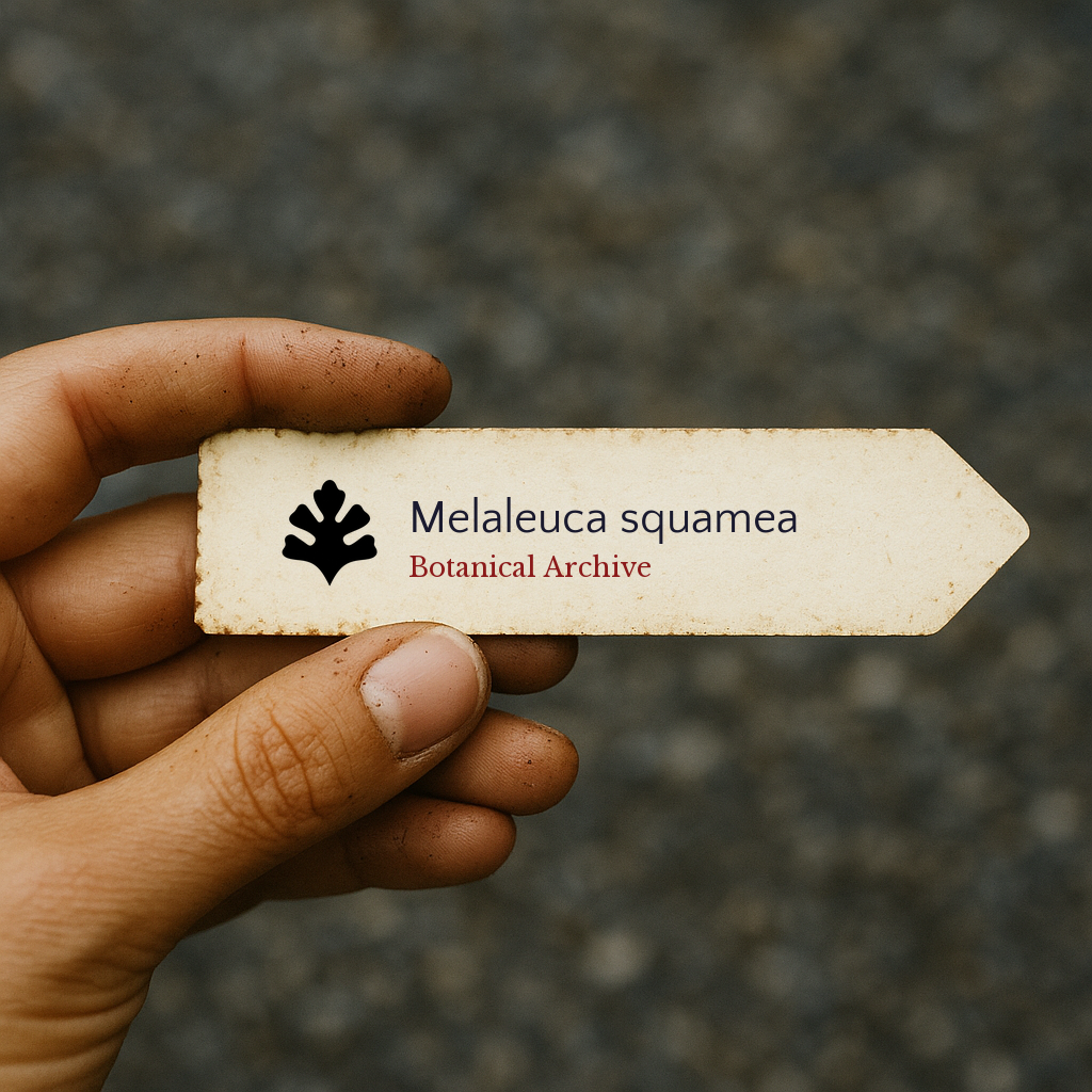 Printed plant label for Melaleuca squamea held in hand with dirt background