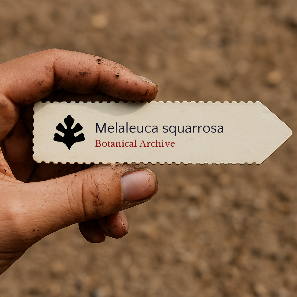 Printed plant label for Melaleuca squarrosa held by dirty hand over soil background