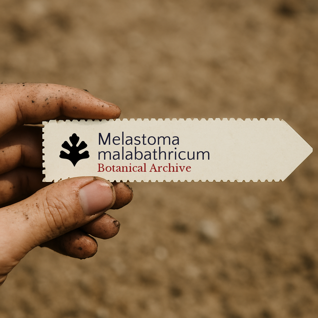 Printed plant label for Melastoma malabathricum held by hand with soil background