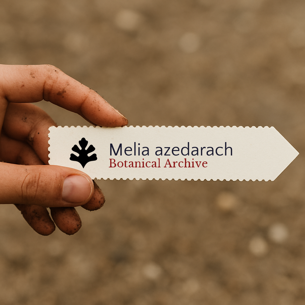 Printed plant label for Melia azedarach held by hand with soil background