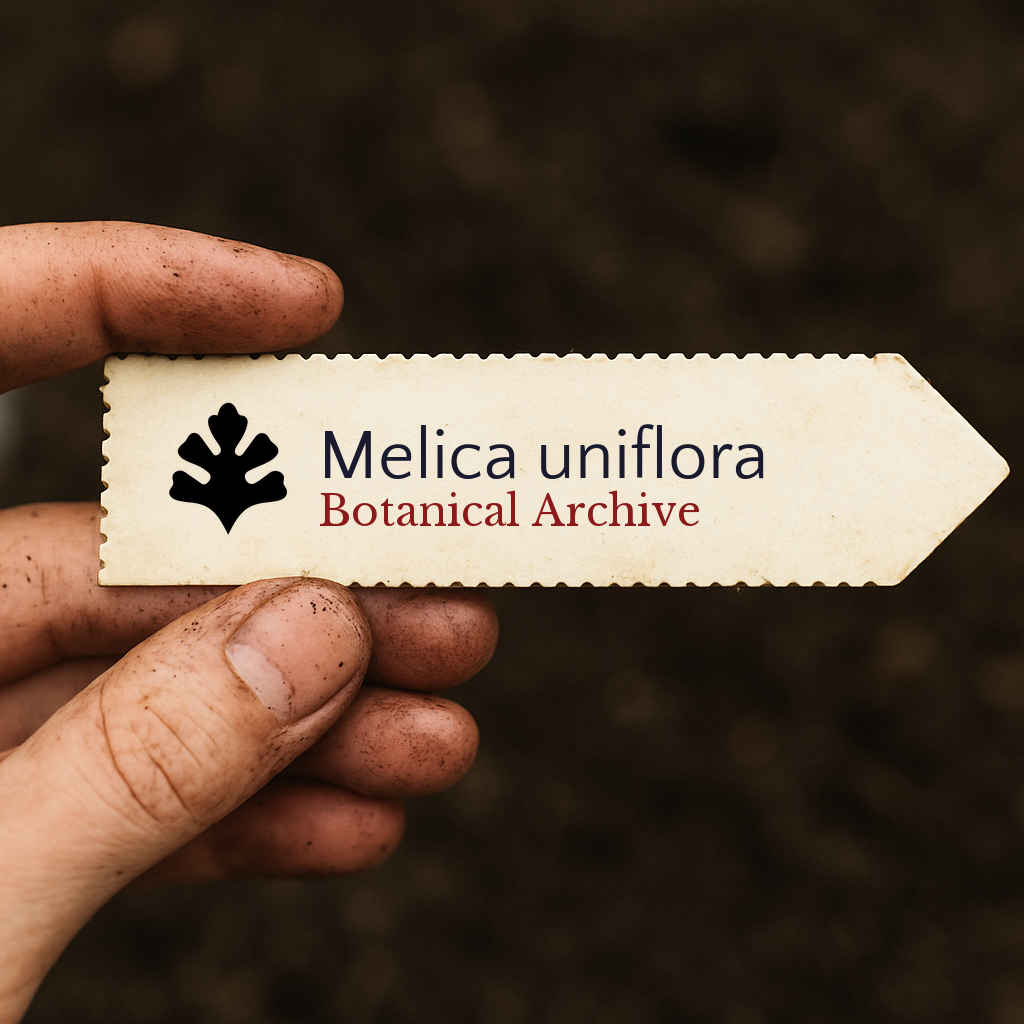 Printed plant label for Melica uniflora held by dirty hand over soil background