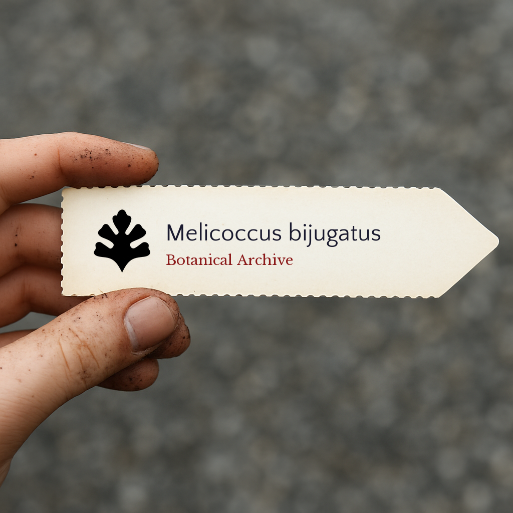 Etichetta per pianta stampata per Melicoccus bijugatus tenuta da una mano sporca all'aperto