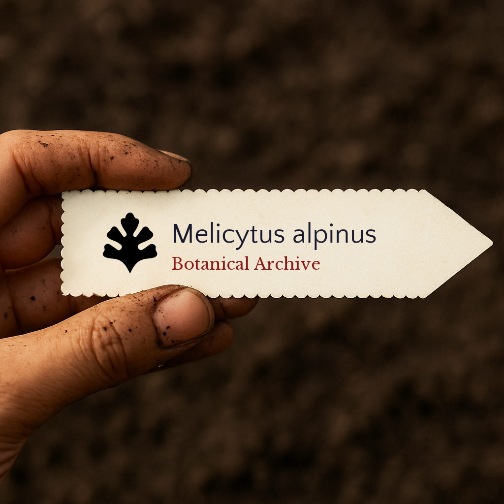 Printed plant label for Melicytus alpinus held by dirty hand over soil background