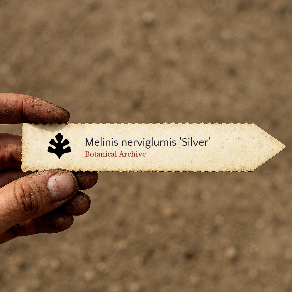 Printed plant label for Melinis nerviglumis 'Silver' held by dirty hand over soil background