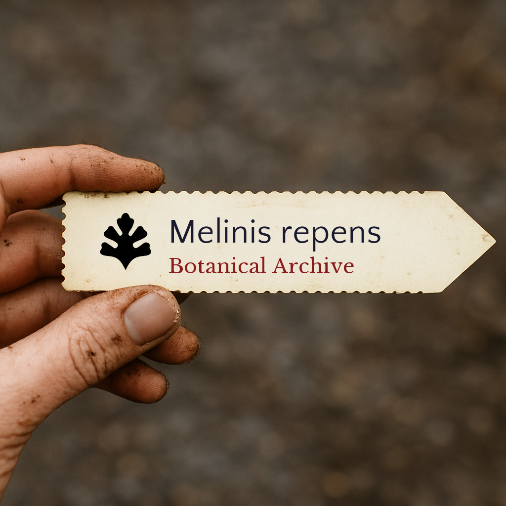 Printed plant label for Melinis repens held by hand with soil background