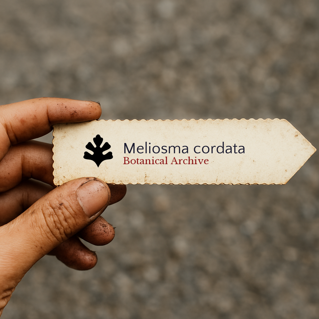 Printed plant label for Meliosma cordata with botanical archive logo held by hand