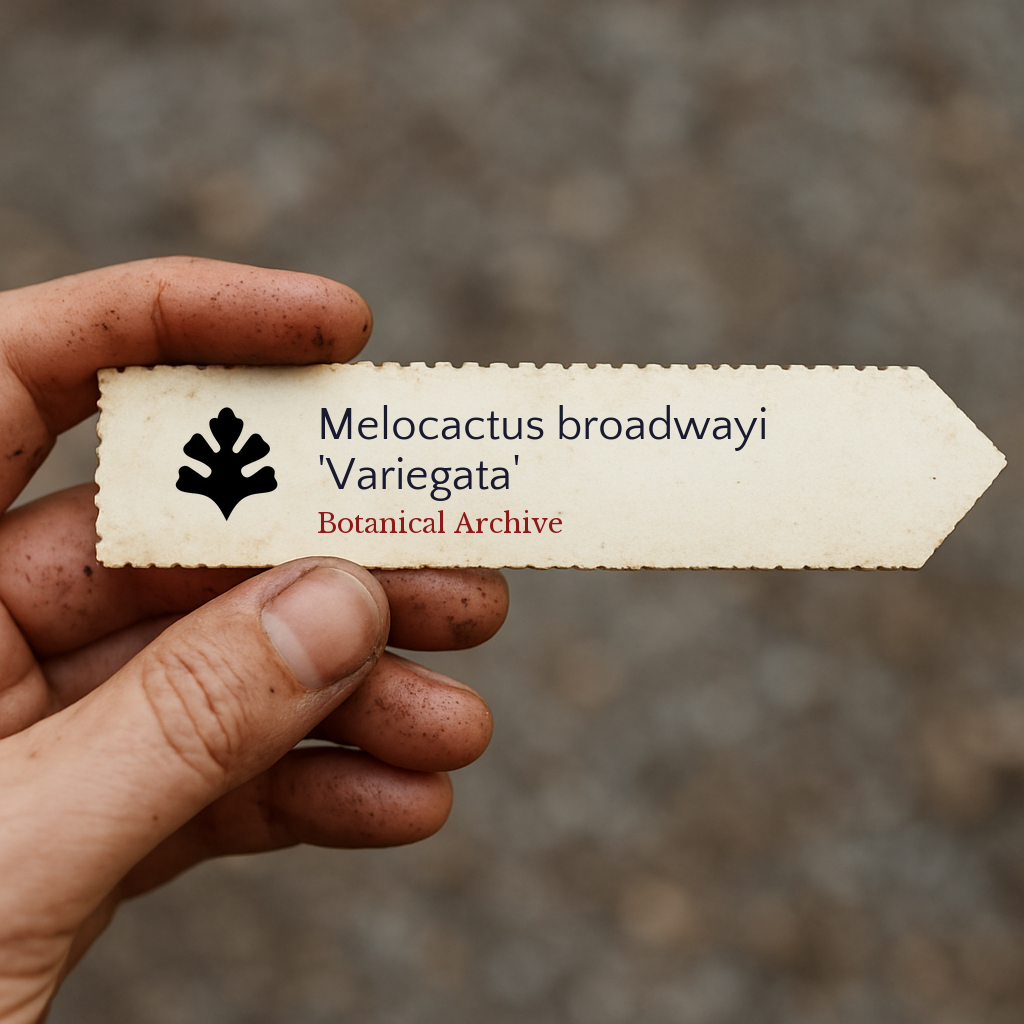Printed plant label for Melocactus broadwayi 'Variegata' held by hand with dirt background