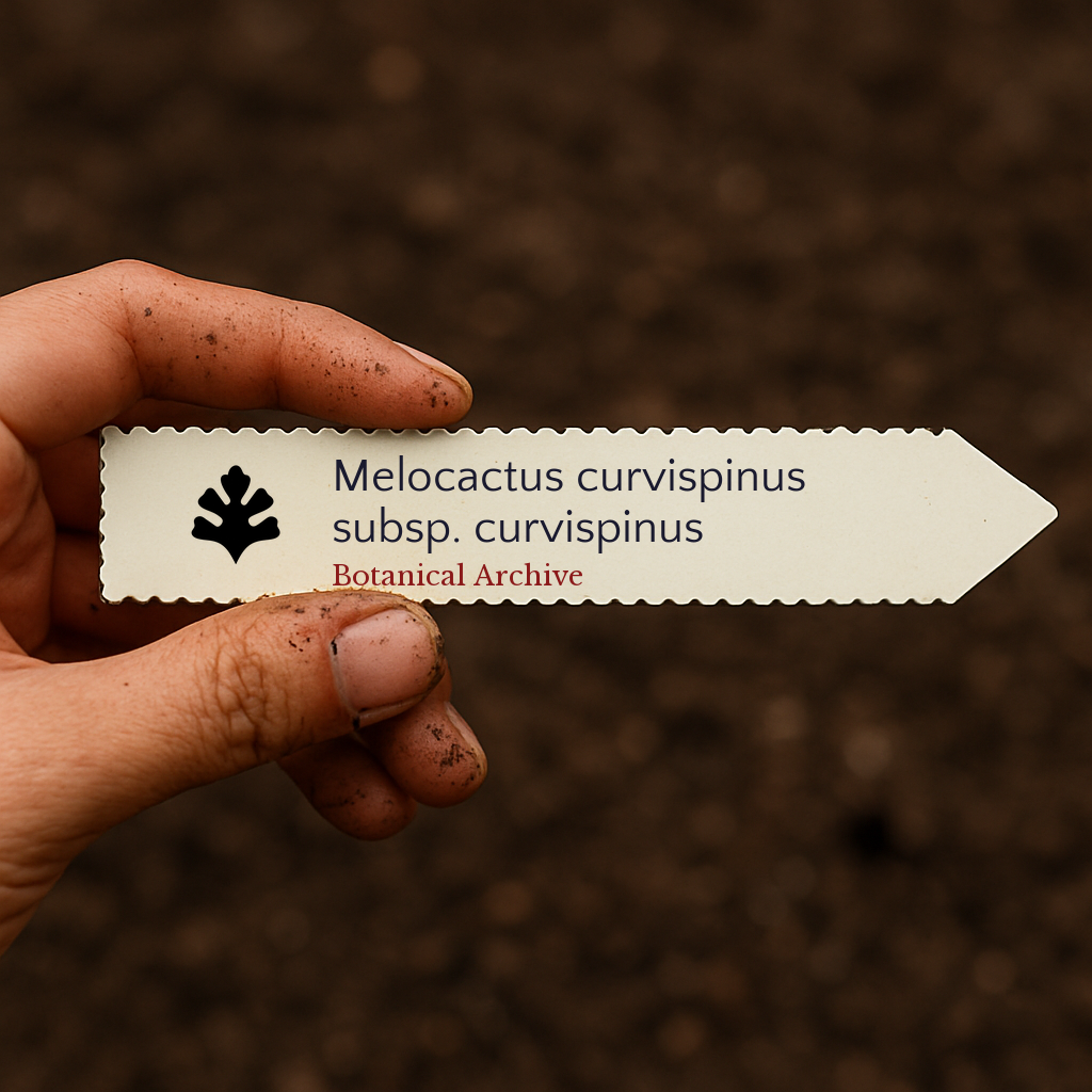 Printed plant label for Melocactus curvispinus subsp. curvispinus held over soil background