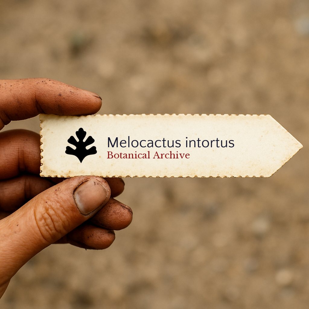 Etichetta per pianta stampata per Melocactus intortus tenuta a mano con sfondo di terra