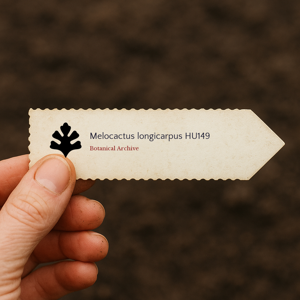 Etichetta per pianta stampata per Melocactus longicarpus con logo Botanical Archive su sfondo di terreno