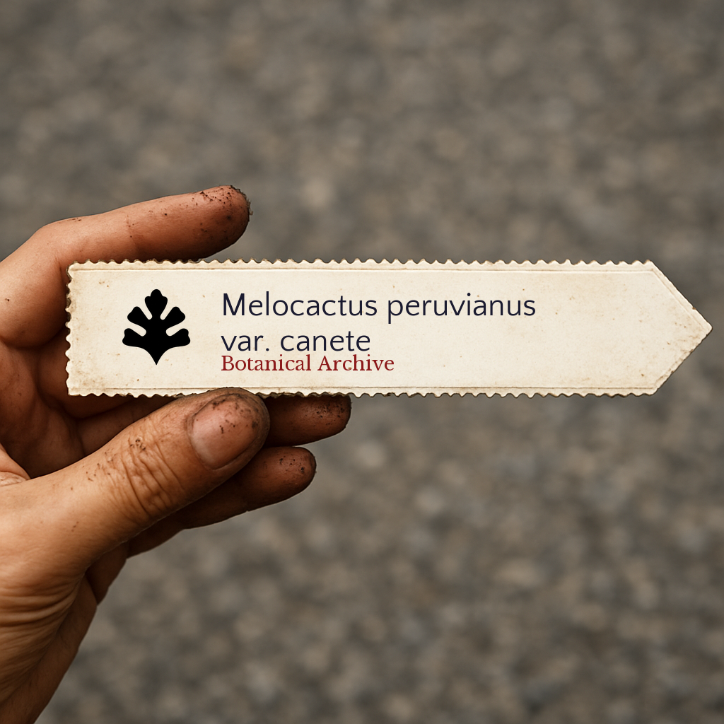 Printed plant label for Melocactus peruvianus var. canete held by hand with soil dirt