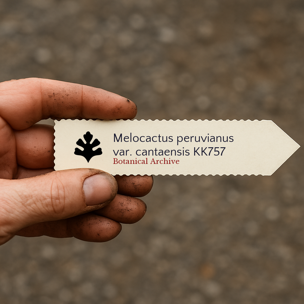 Printed plant label for Melocactus peruvianus var. cantaensis held by hand with soil-stained fingers