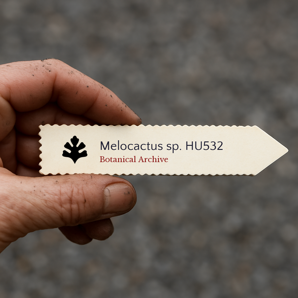 Printed plant label for Melocactus sp. HU532 held by hand with dirt background