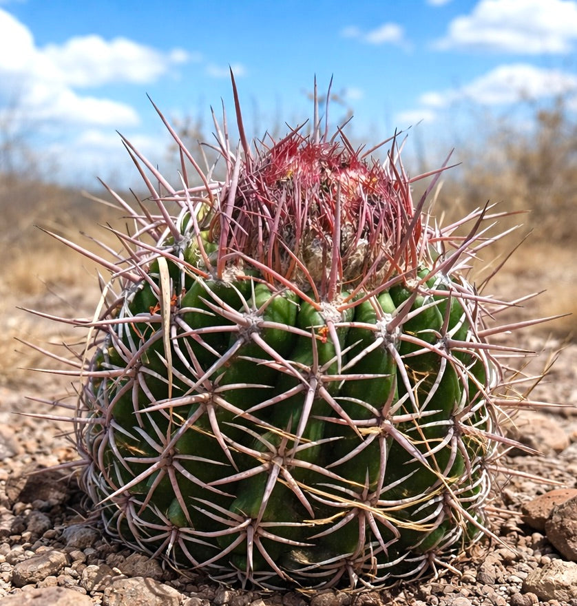 Melocactus curvispinus rare cactus with curved red spines and green ribbed body in desert environment