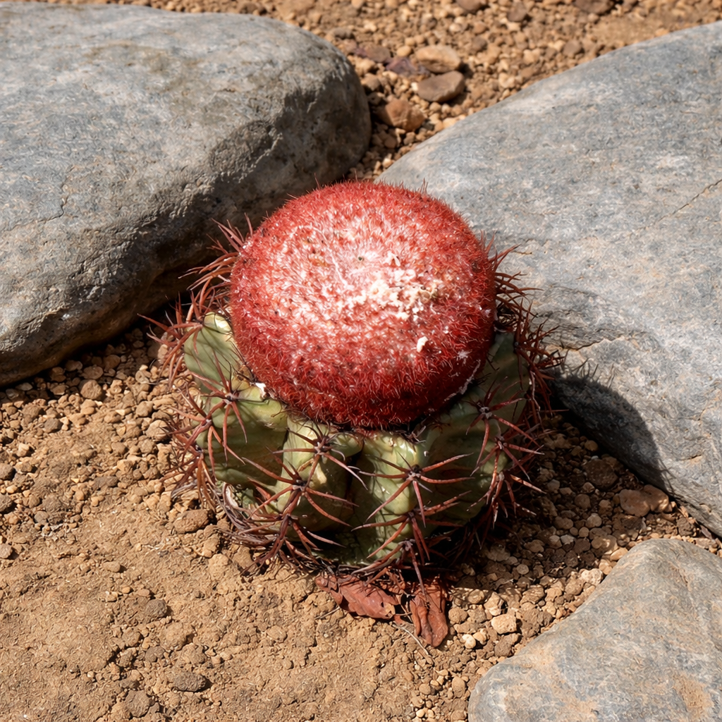 Melocactus diersianus rare cactus with red cephalium and spiny green body on soil