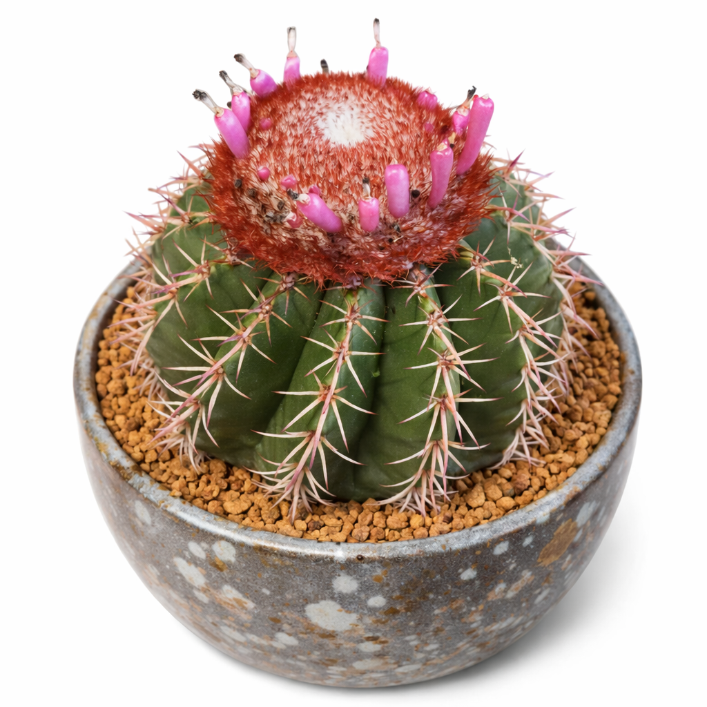 Melocactus disciformis rare cactus with red cephalium and pink fruit in ceramic pot