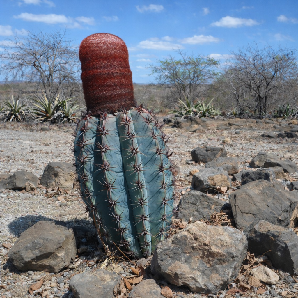 Melocactus levitestatus rare cactus with blue-green ribbed body and red cephalium in rocky terrain