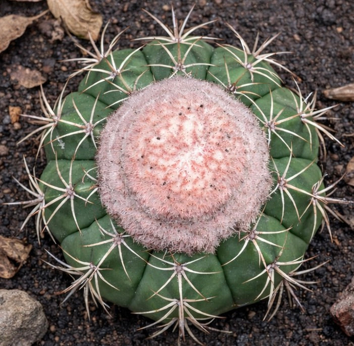 Melocactus neryi raro cactus con distintivo cefalio rosa e spine radiali