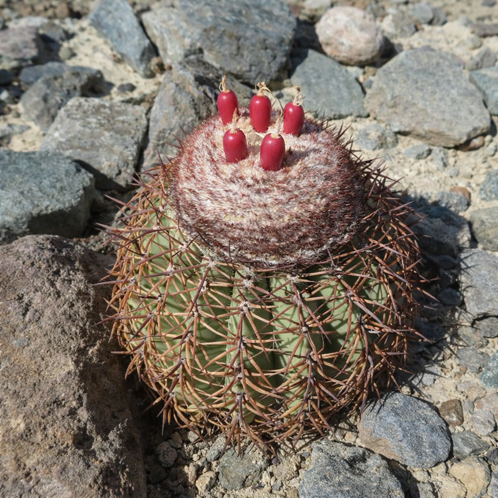 Melocactus peruvianus rare cactus with red fruit and dense spines on rocky soil