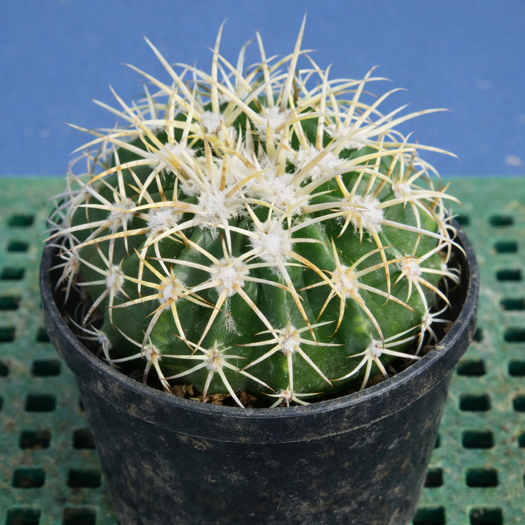 Melocactus peruvianus var. albispinus green cactus with long white spines in black pot