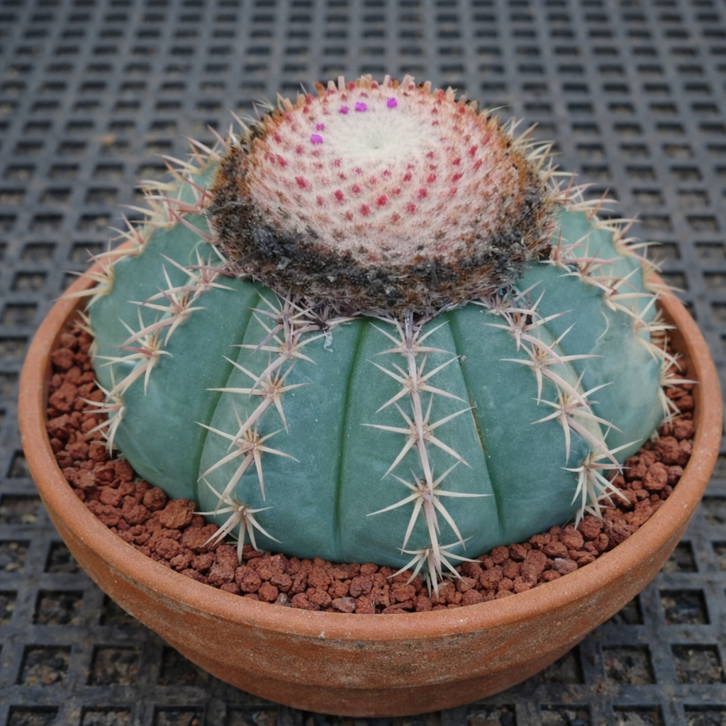 Melocactus polyacanthus raro cactus con corpo verde costolato e cefalio lanoso in vaso di terracotta