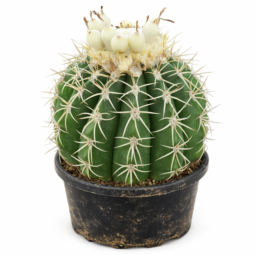 Melocactus ruestii green cactus with white spines and fruit in black pot
