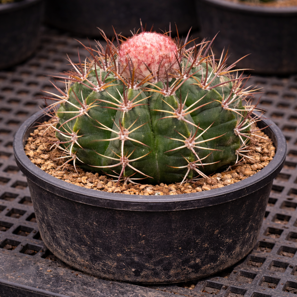 Melocactus schulzianus raro cactus con corpo verde costoluto e cefalio rosa in vaso nero