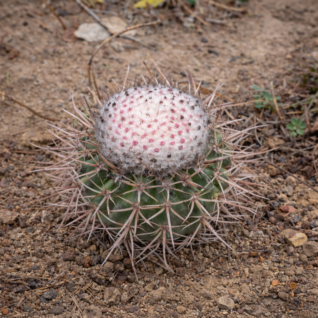 Melocactus sp. succulent cactus with woolly cephalium and long spines on rocky soil