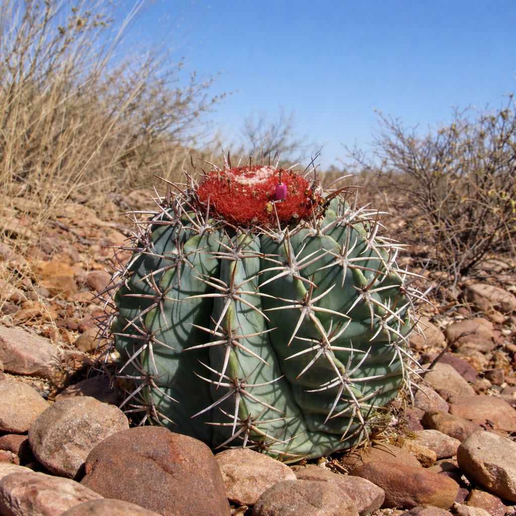 Melocactus sp. rare cactus with red cephalium and long spines in rocky desert environment