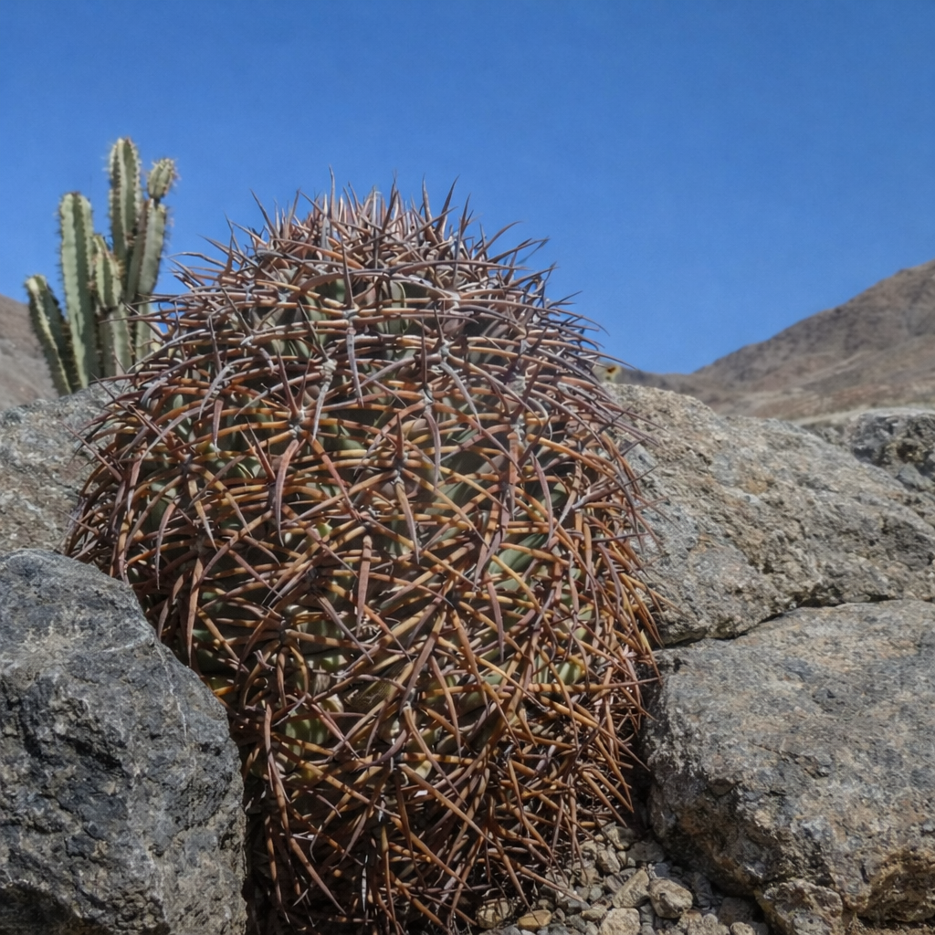 Melocactus trujilloensis raro cactus con spine dense marroni su terreno desertico roccioso