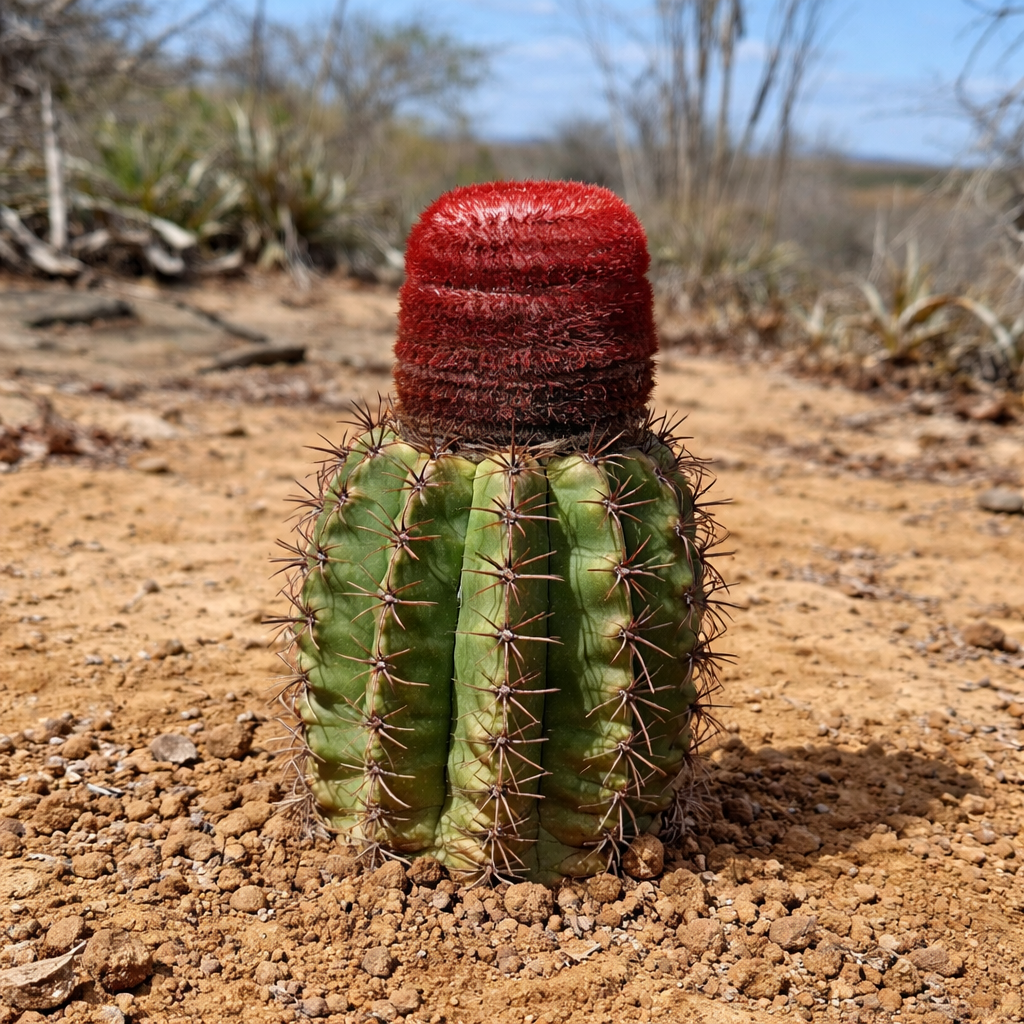 Melocactus uebelmannii rare cactus with bright red cephalium and green ribbed body in desert soil