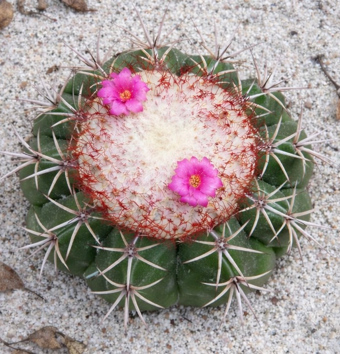 Melocactus violaceus raro cactus con fiori rosa e cefalio lanoso bianco