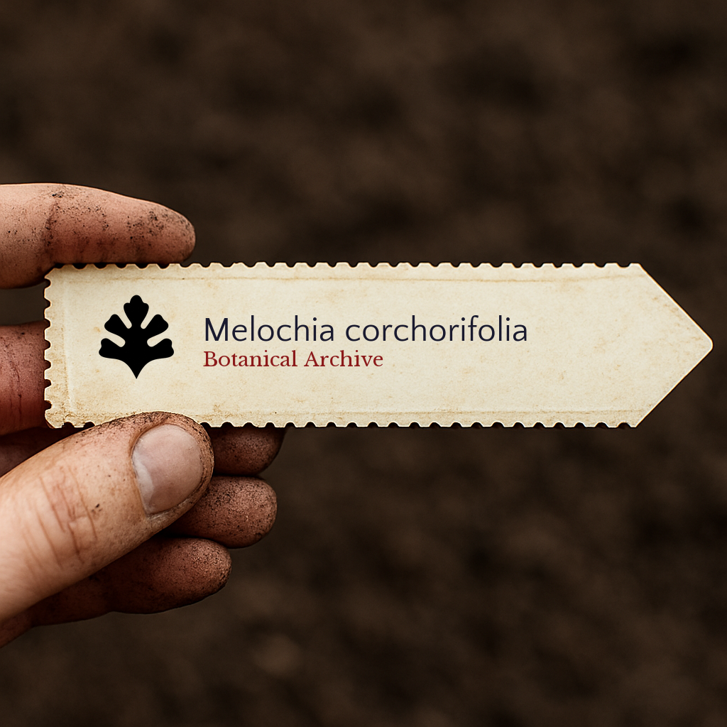 Printed plant label for Melochia corchorifolia with botanical archive logo held over soil background