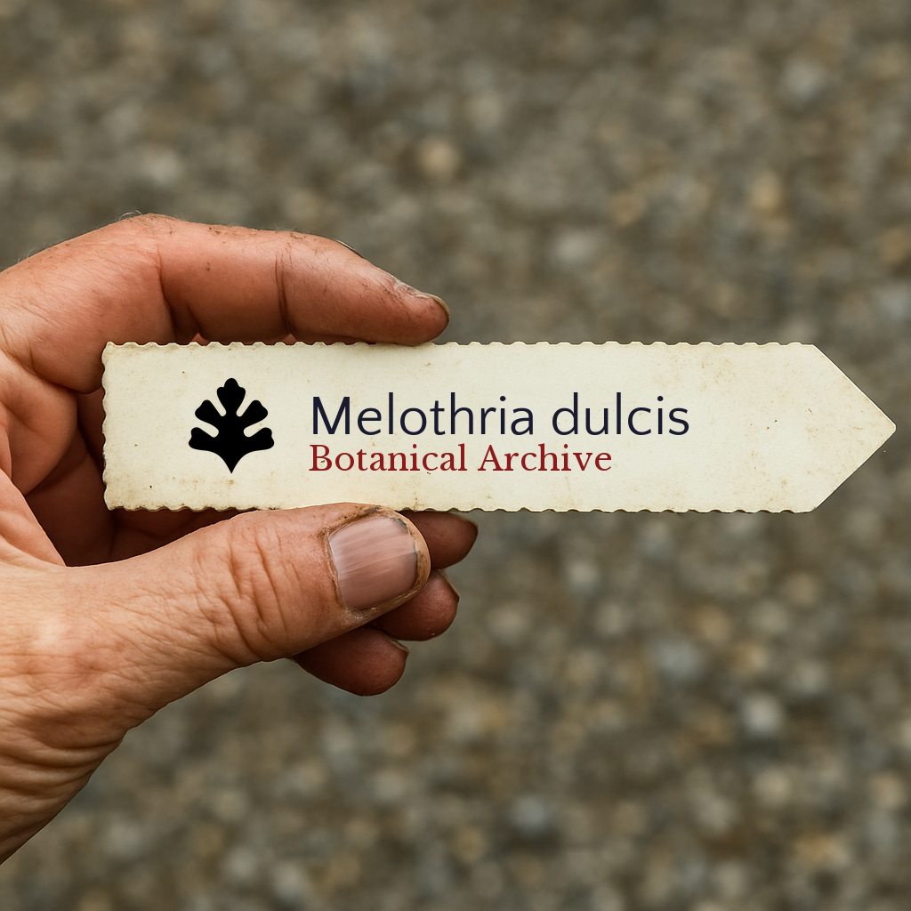 Etichetta stampata per pianta di Melothria dulcis tenuta in mano su sfondo testurizzato