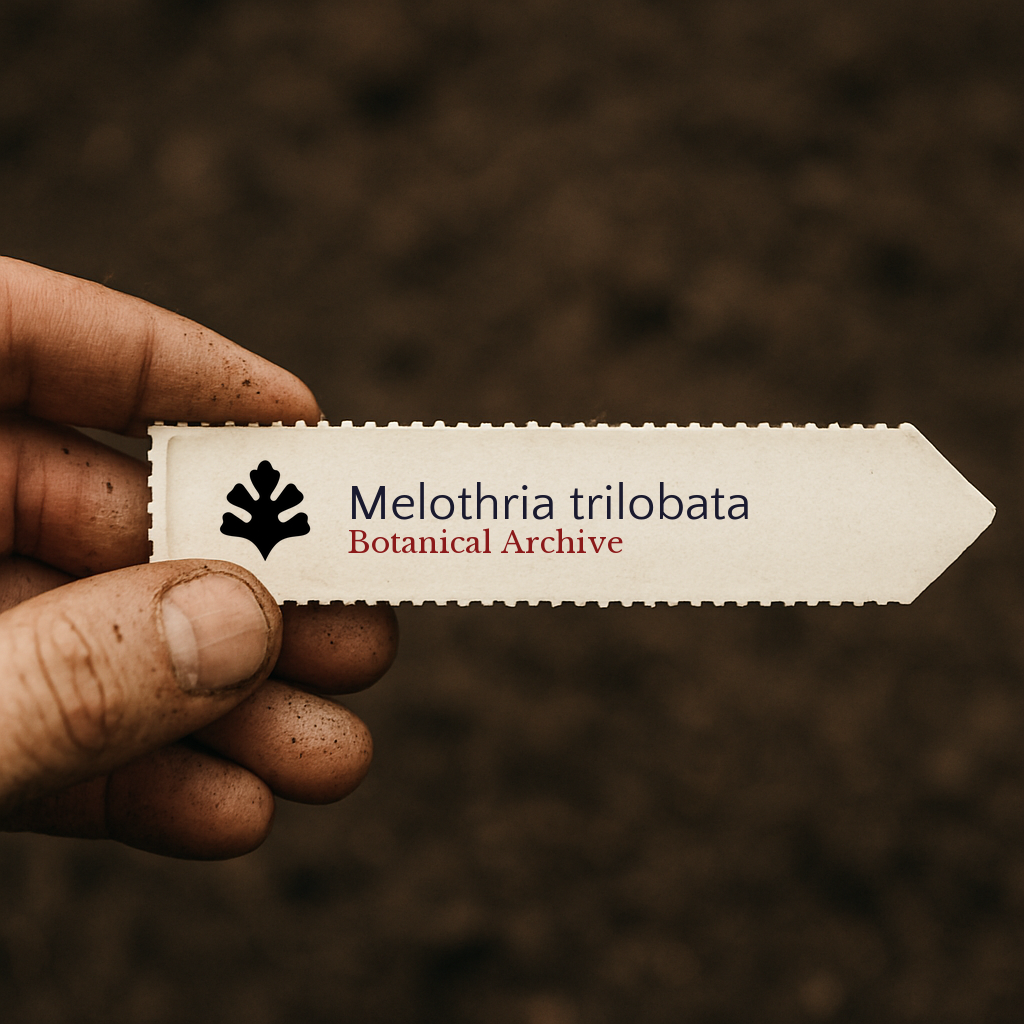 Printed plant label for Melothria trilobata held by hand over soil background