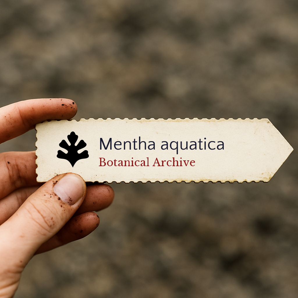 Printed plant label for Mentha aquatica held by hand with soil-stained fingers
