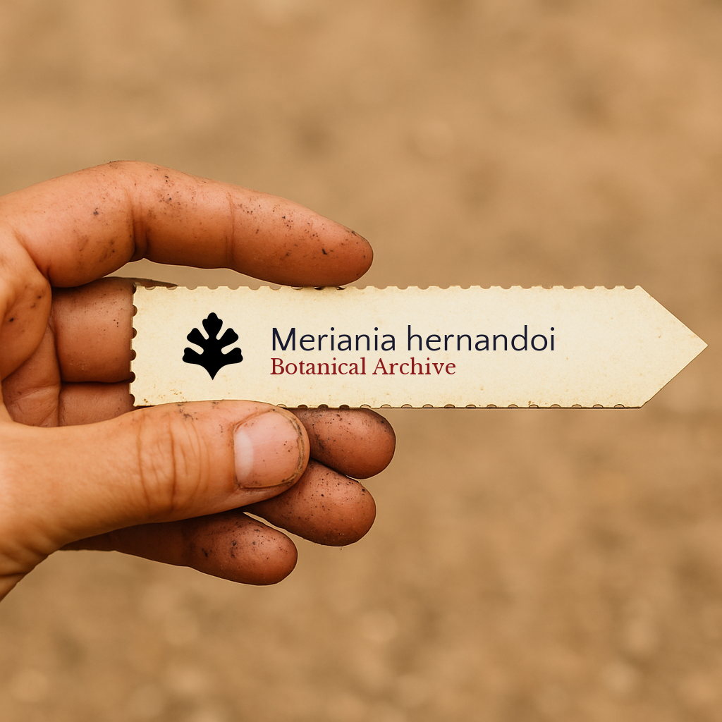 Etichetta per pianta stampata per Meriania hernandoi tenuta da una mano sporca con sfondo sfocato di terreno