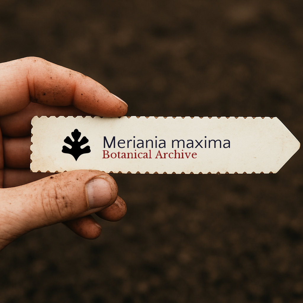Etichetta per pianta stampata per Meriania maxima su sfondo di terreno