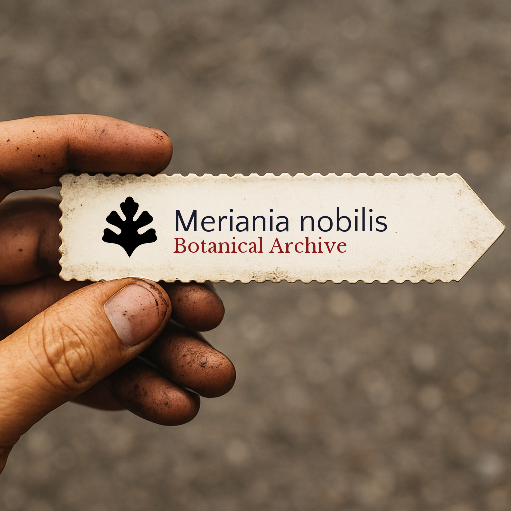 Printed plant label for Meriania nobilis held by dirty hand outdoors