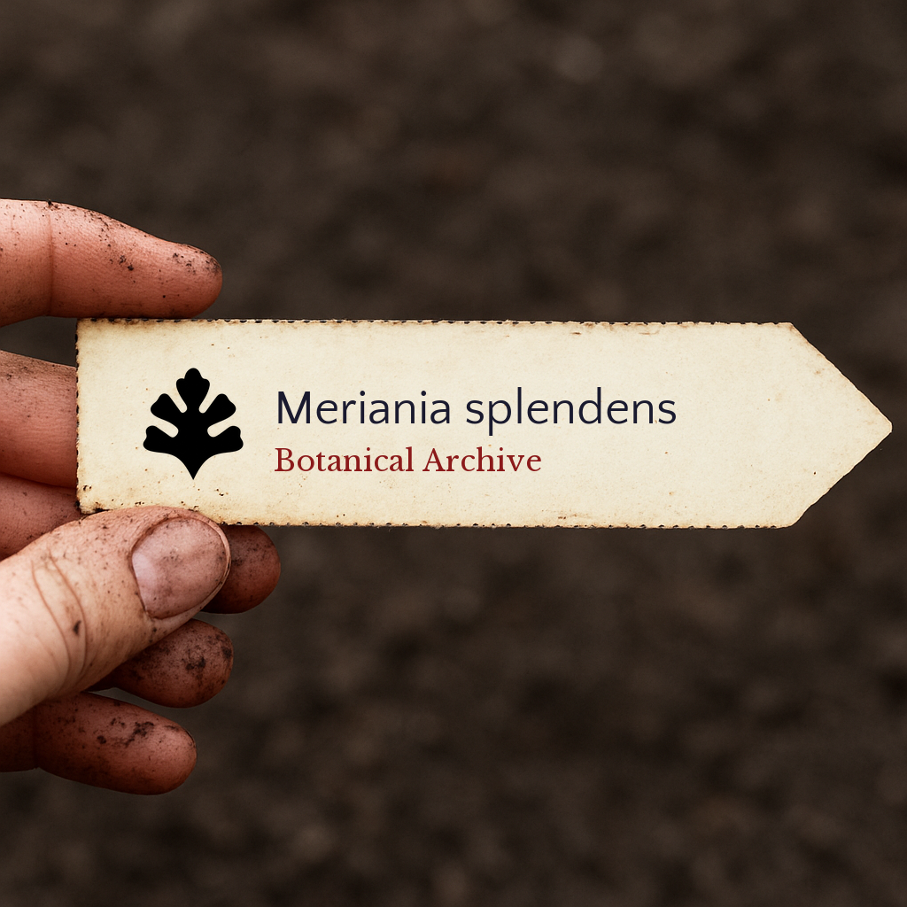 Printed plant label for Meriania splendens held by dirty hand over soil background